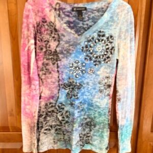 INC long-sleeved tie-dye burnout, ombre top M Y2K pink, black, blue, green